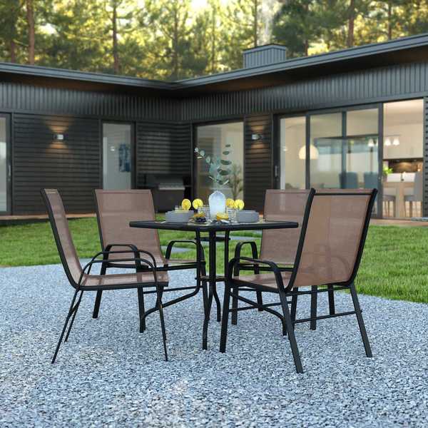 Flash Furniture 5PC Patio Set-31.5SQ Glass Table, 4 Brown Chairs TLH-073A2303C-BN-GG